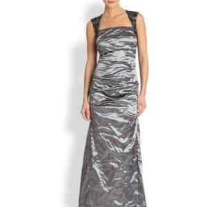 Nicole Miller 'Felicity' Metallic Crinkle Gown Ruched Cutout Back Gray Lyst…
